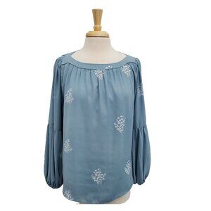 LOFT Blue Floral Print Long Sleeve Blouse M Boho Romantic Pullover Top Work